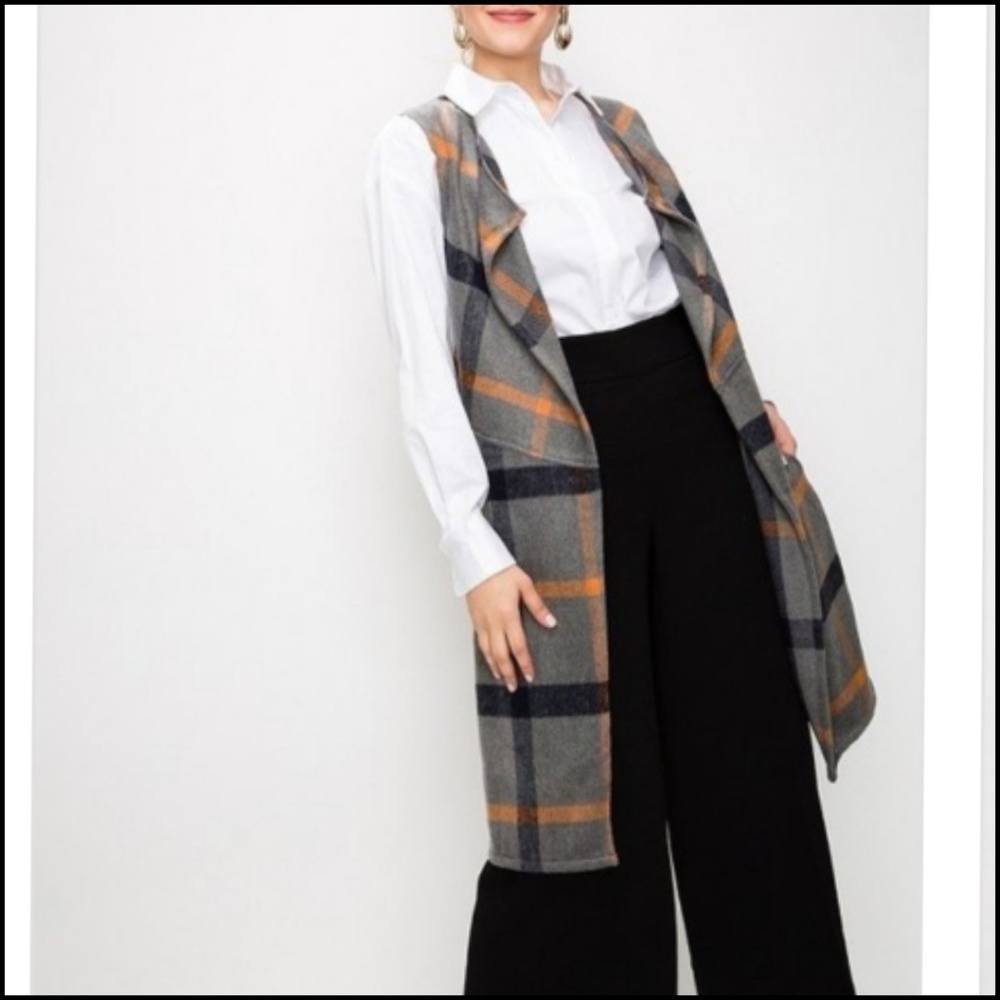 🍁PLAID LONG VEST - Picture 2 of 6